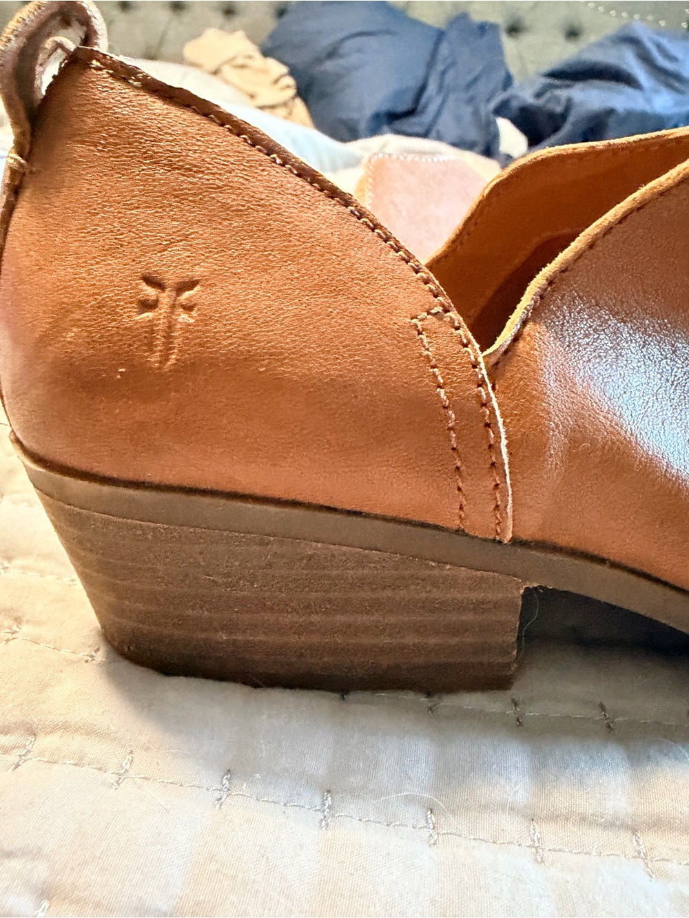 Frye Cognac Leather Low Stacked Heel Slip-On